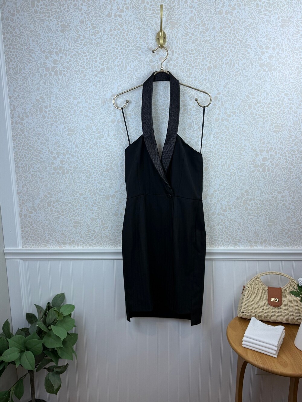 rag & bone Black Wool Blend Halter Tuxedo Deep V-Neck Open Back Dress - Size - 6